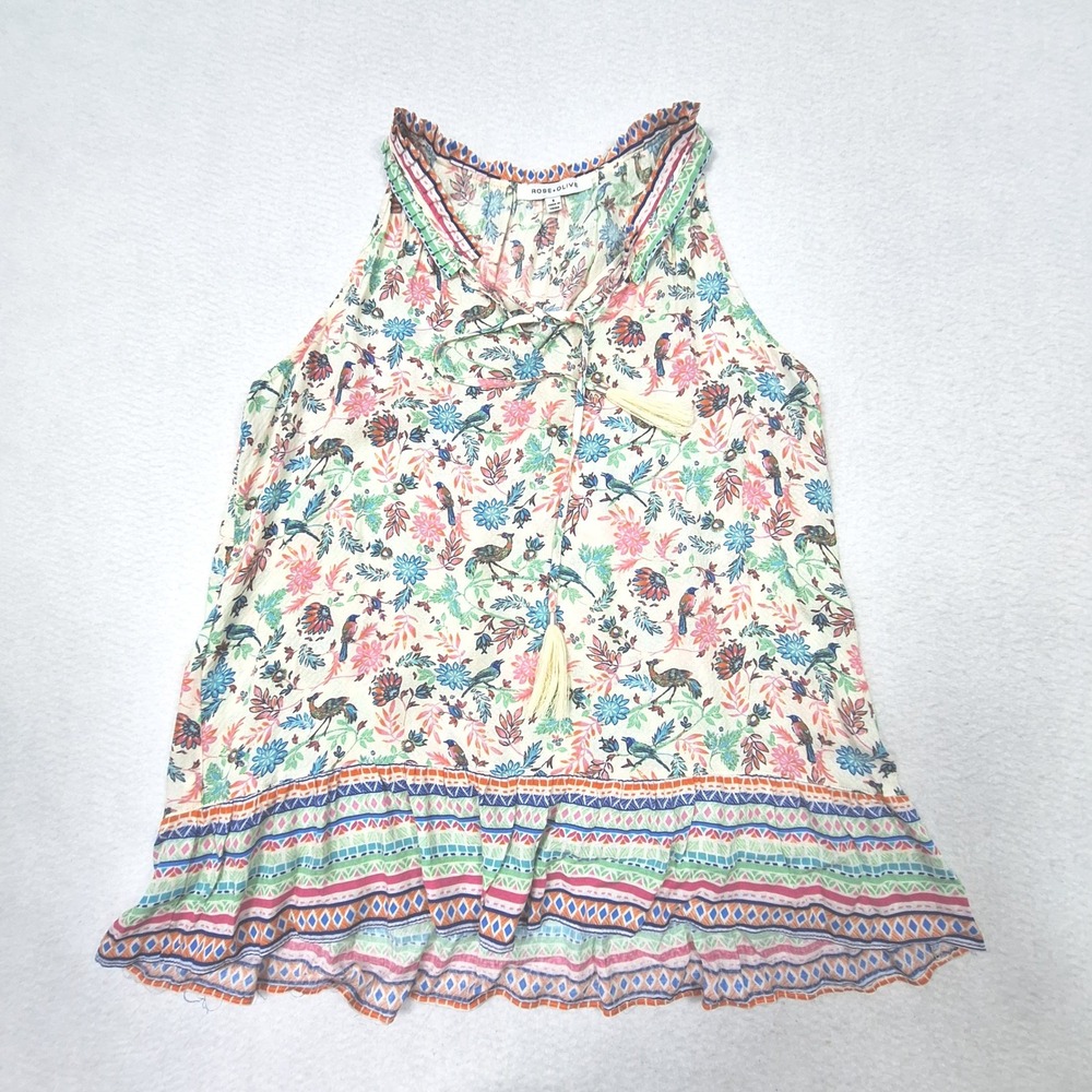 Rose + Olive Top Womens Small Blue Pink Floral Bird Boho Tassel Sleeveless